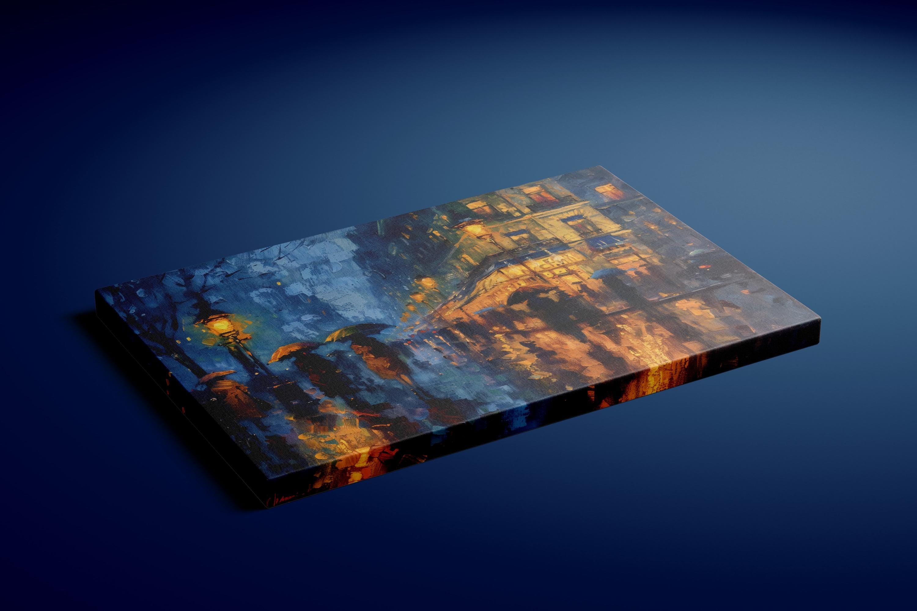 The Golden Street: Impressionist Rainy City Night with Umbrellas | Moody & Romantic Wall Art
