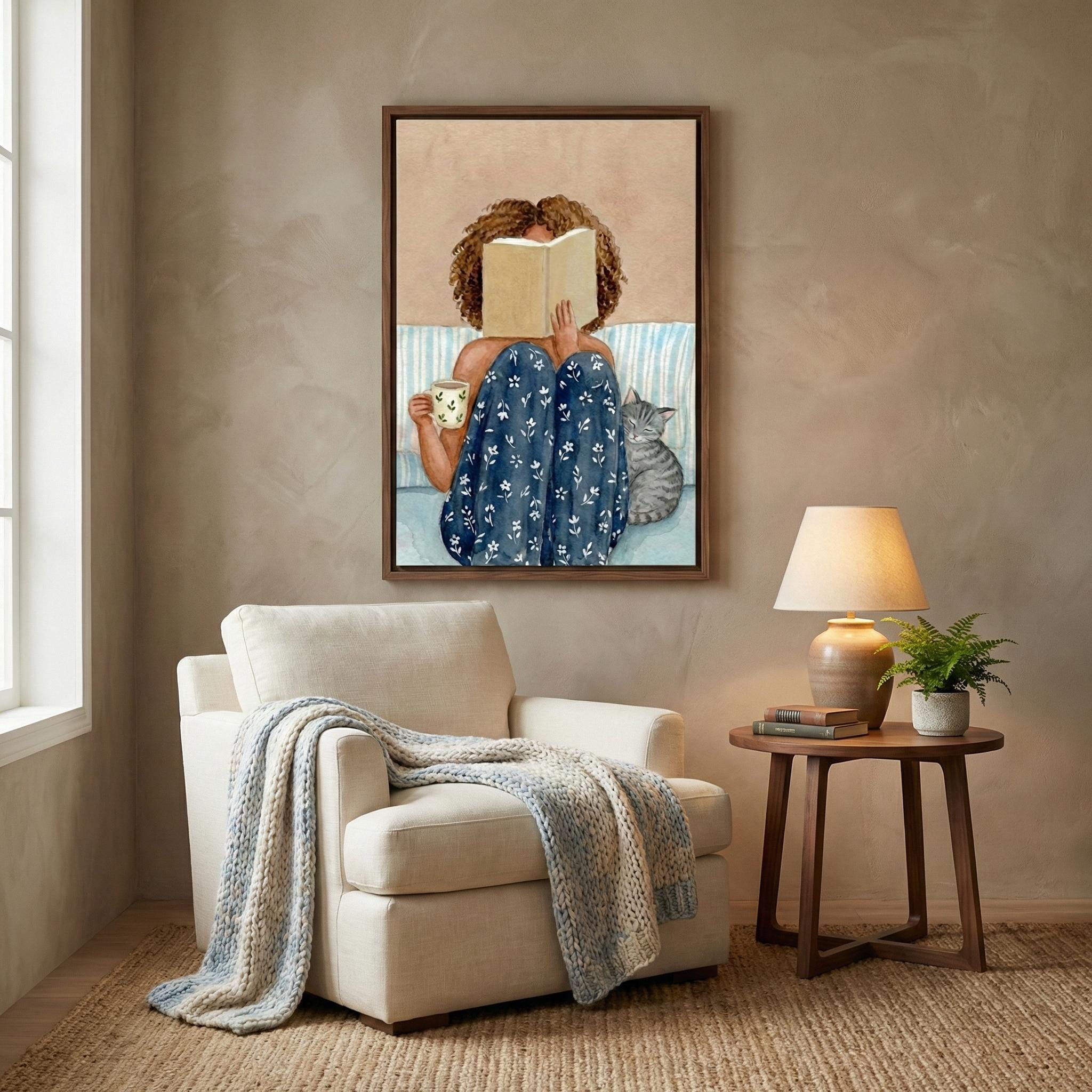 Reading Wall Art: Black Woman with Cat, Cozy Watercolor (Print or Canvas)