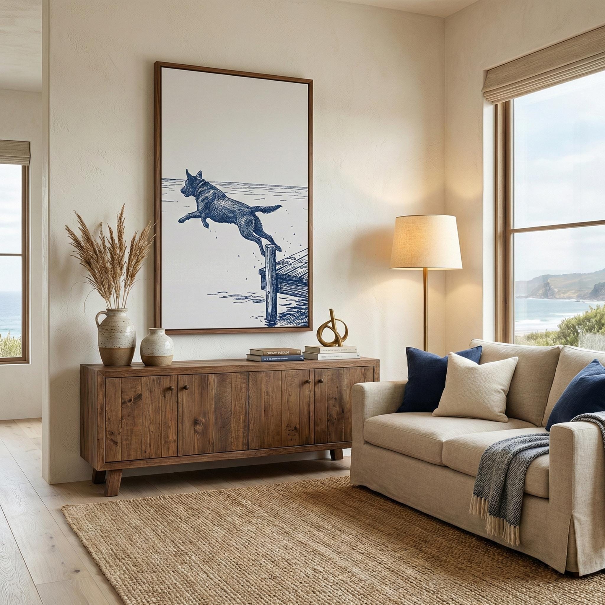 Lake House Dog Art, Blue Ink Sketch, Dock Scene (Print or Canvas)