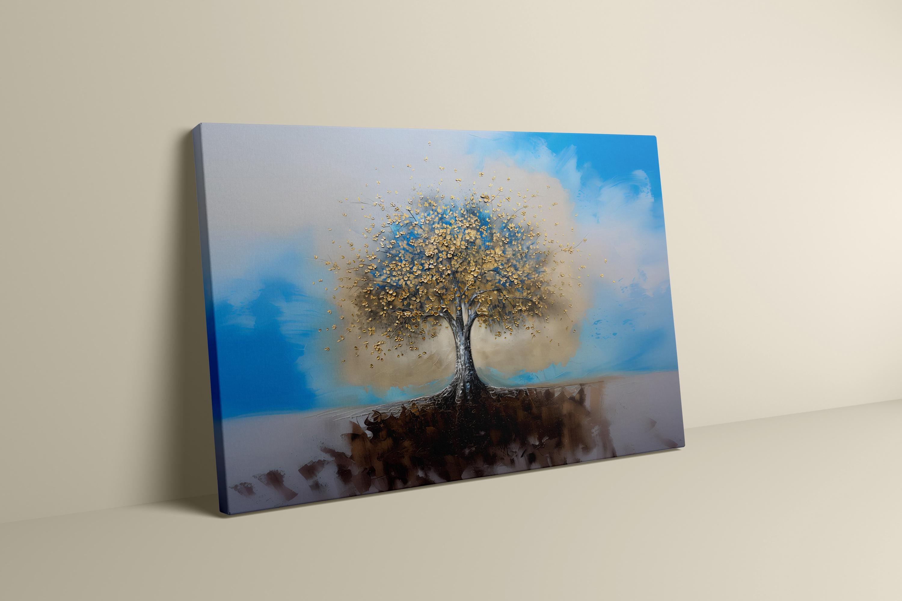 Golden Tree of Life Canvas Art | Blue & Gold Abstract Wall Decor for Serene Spaces