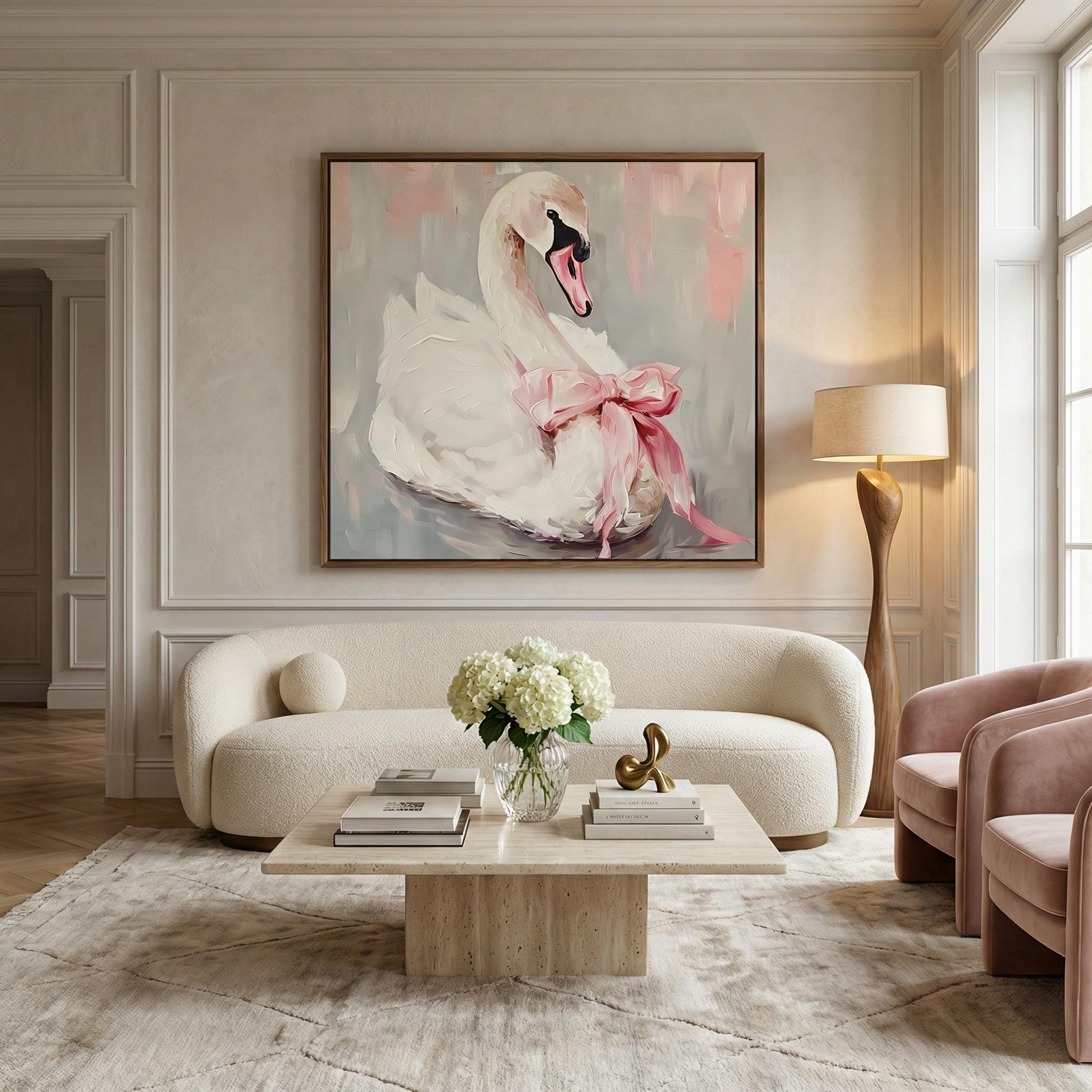 Ballerina Swan Art Print: Elegant Pink Bow, Soft Pastel Wall Decor