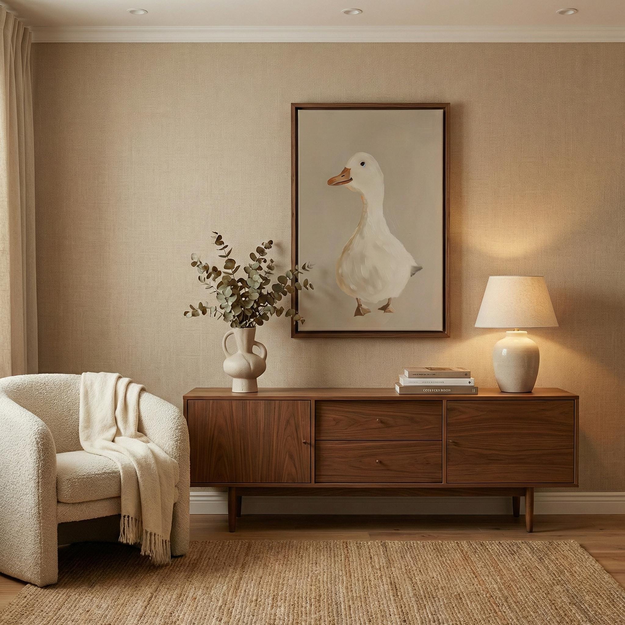 Whimsical Goose Wall Art: Beige Nursery Canvas Print