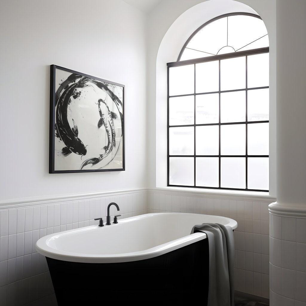 The Dance of Two: Abstract Black & White Koi Fish Art | Modern & Serene Wall Decor