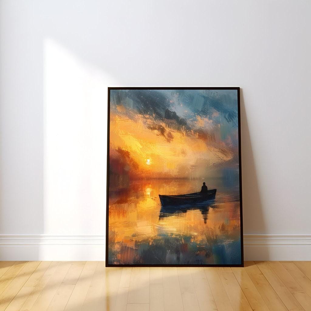 Sunset Solitude: Serene Lone Boat Canvas Art | Tranquil Orange & Blue Lake Decor