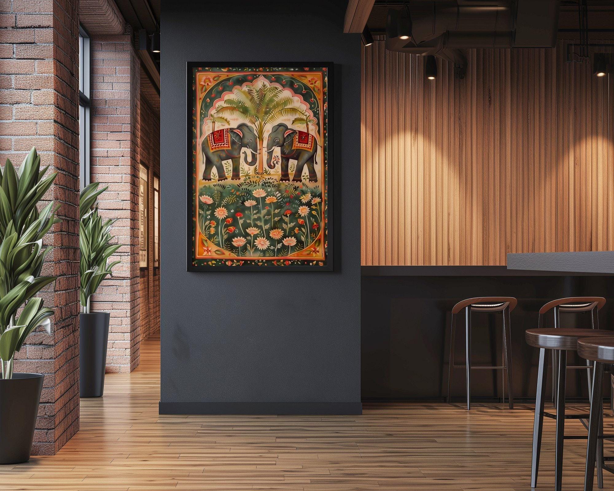 Pichwai Elephant & Lotus Art: Traditional Indian Floral Canvas | Vintage Cultural Wall Decor