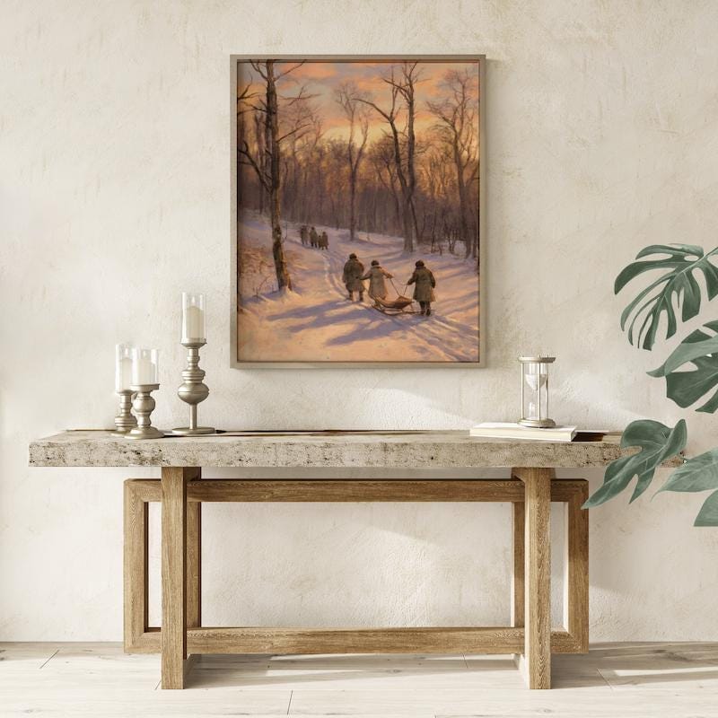 Winter Sunset Canvas, Snowy Forest Landscape (Rustic Holiday Wall Art)