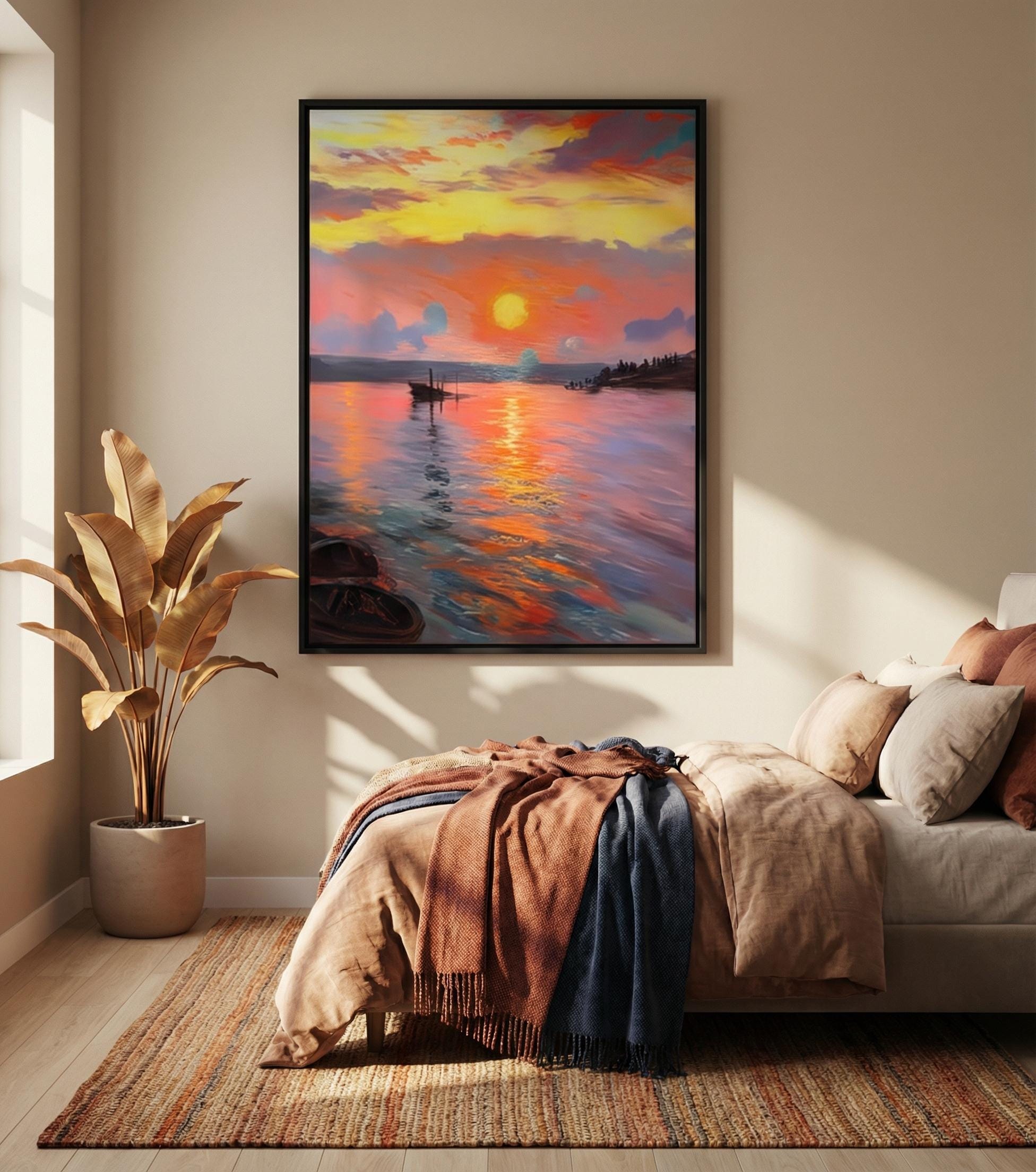 Impressionist Sunset Canvas, Minimalist Lake View (Multiple Sizes)