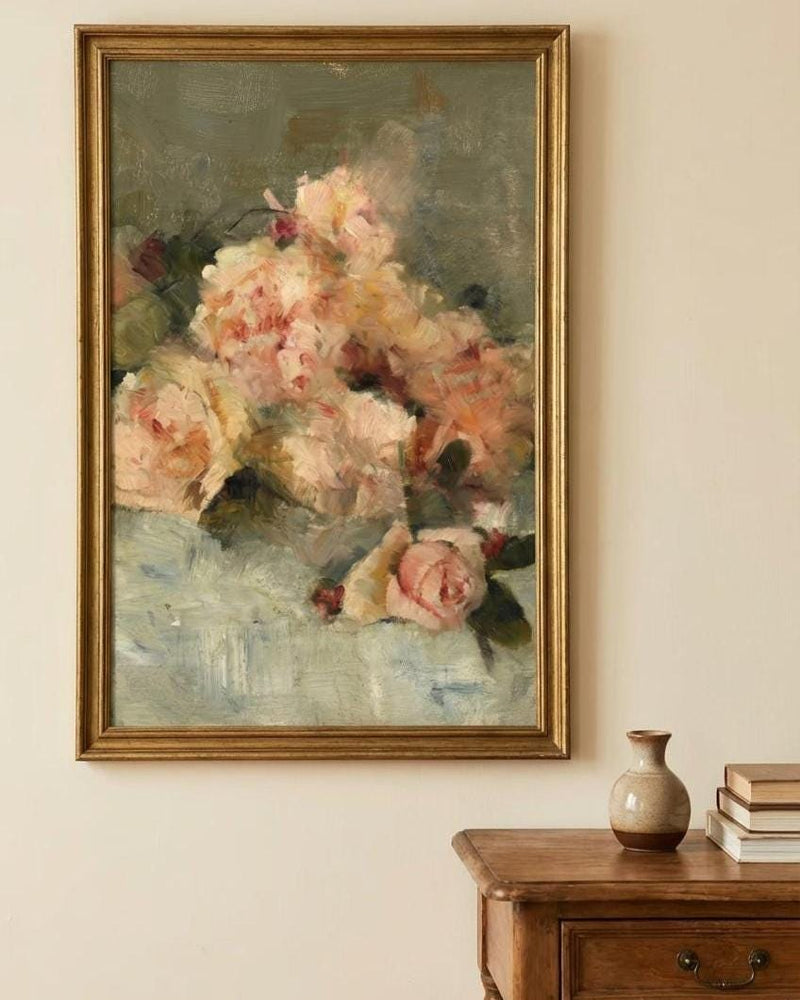 Vintage Botanical Wall Art – Pink Floral Print with Peony Rose for Elegant Bedroom Decor