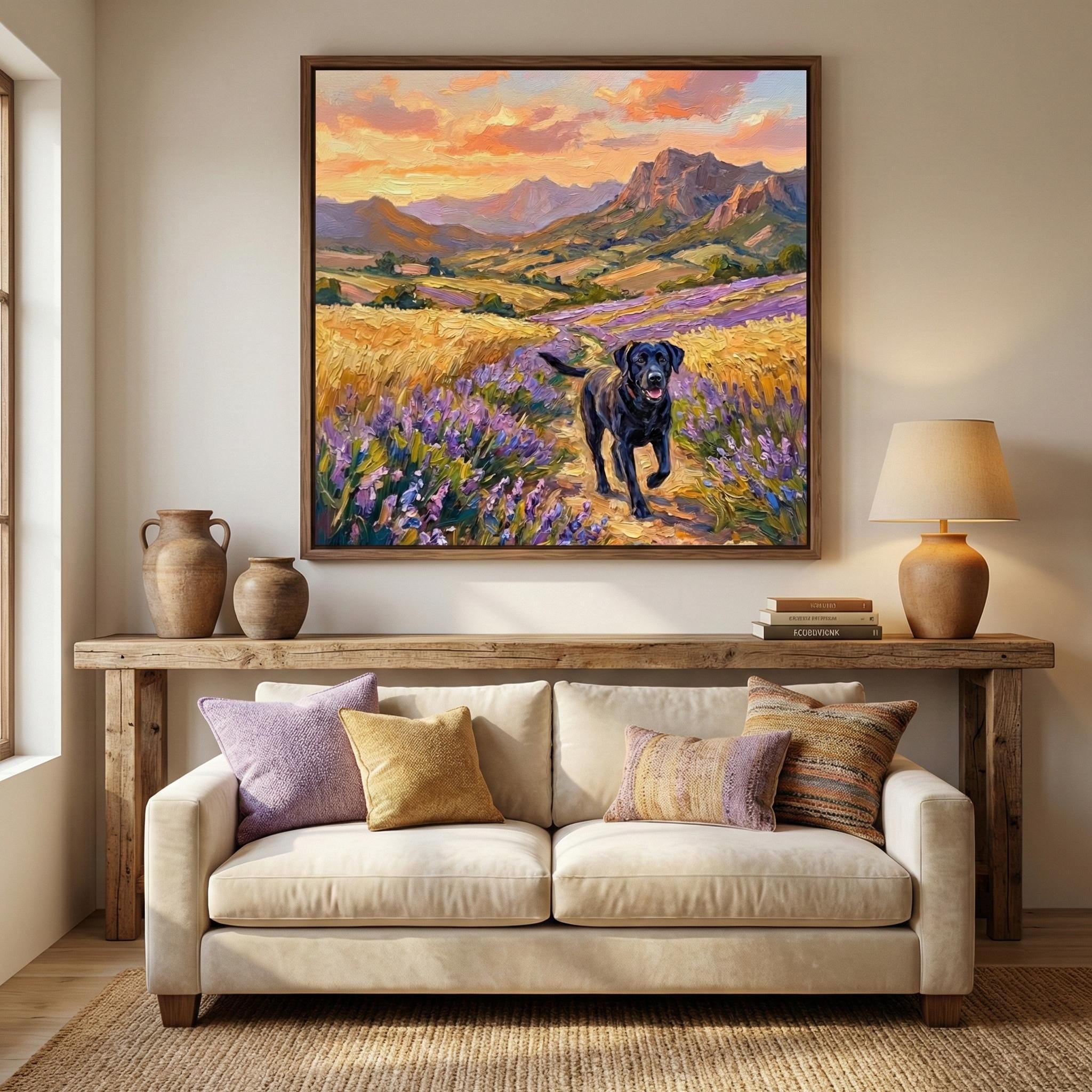 Black Labrador Canvas Art, Lavender & Wheat Field Landscape (Ready to Hang)