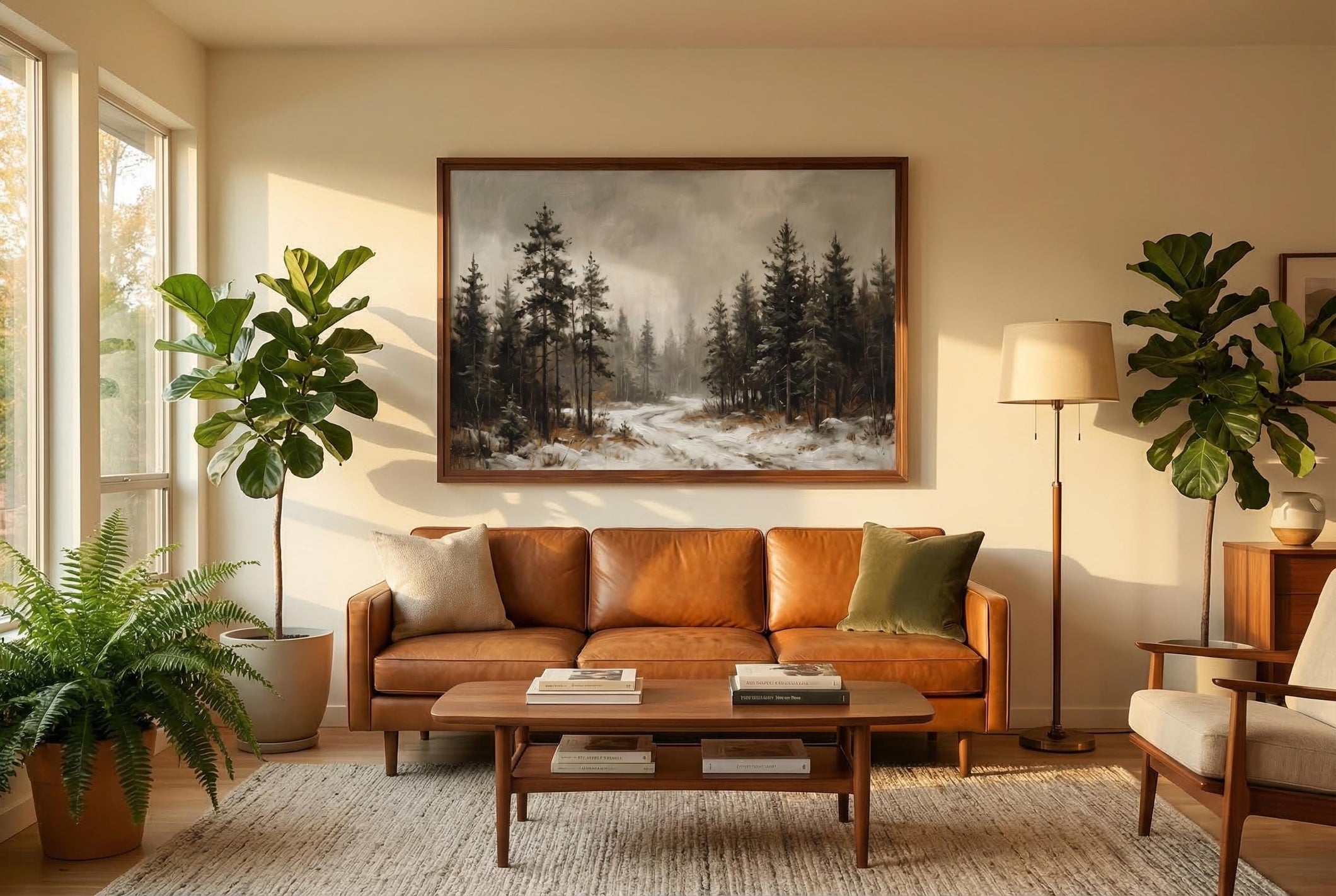 Vintage Winter Forest Painting Moody Pine Tree Landscape Snowy Woods Wall Art Framed Canvas Print