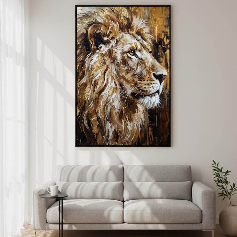 a large, detailed painting of a lion's head hanging on the wall of a living room. The painting is the focal point of the room, with a gray sofa positioned in front of it. The room has a minimalist and modern design, with a wooden floor and white walls.
