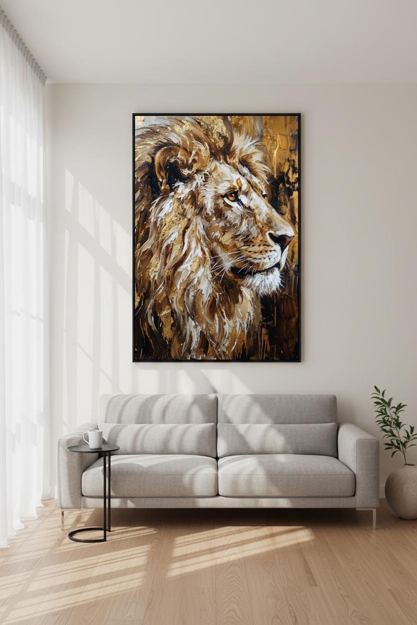 a large, detailed painting of a lion's head hanging on the wall of a living room. The painting is the focal point of the room, with a gray sofa positioned in front of it. The room has a minimalist and modern design, with a wooden floor and white walls.