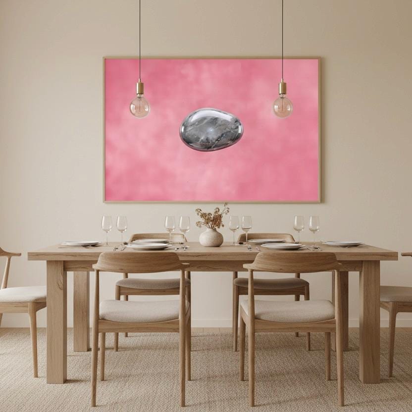 a dining room with a wooden table set for four, featuring white plates, wine glasses, and a vase of flowers. Above the table, there is a large pink painting hanging on the wall.