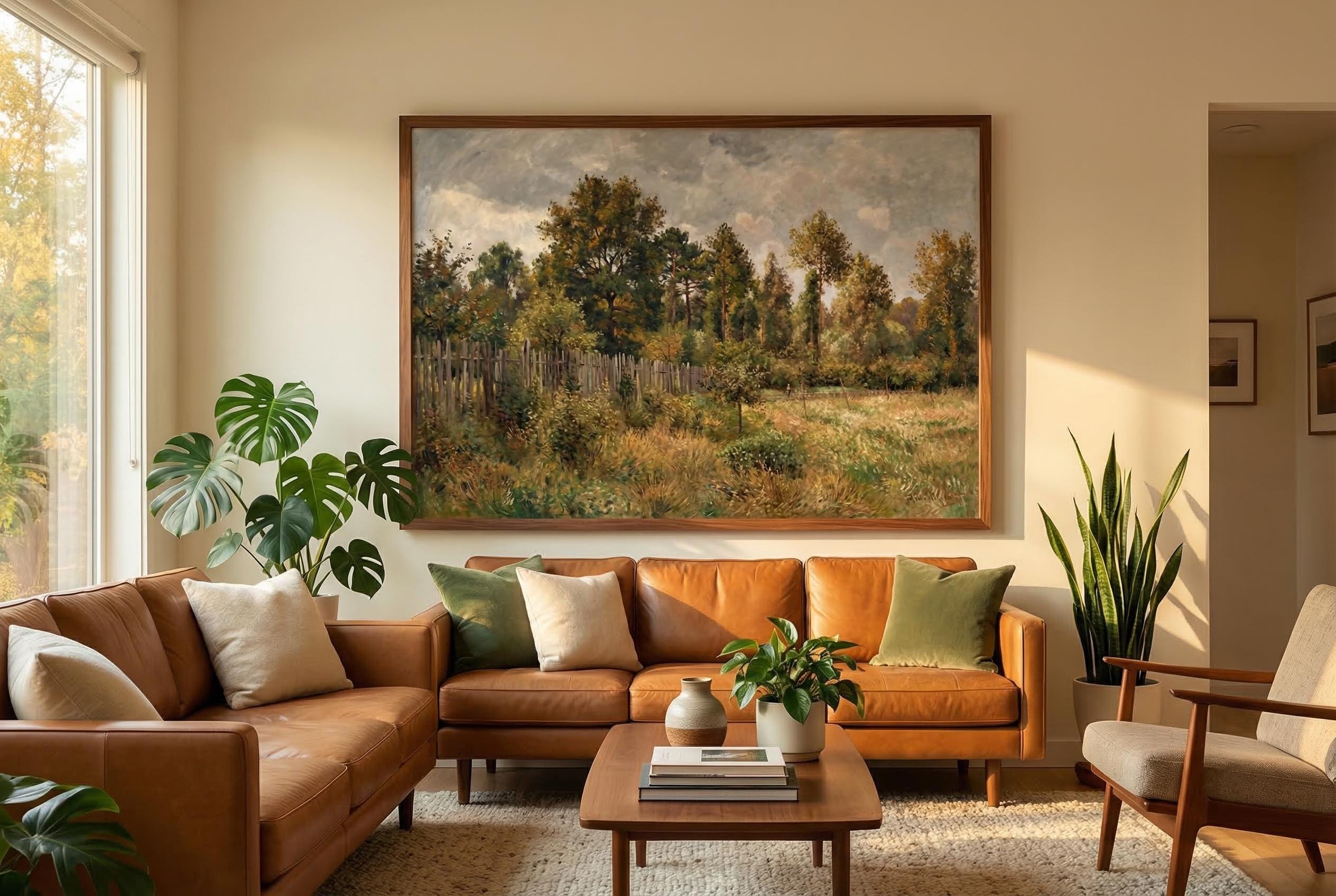 Vintage Meadow Landscape Painting Rustic Wooden Fence Art Farmhouse Wall Decor Cottagecore Print