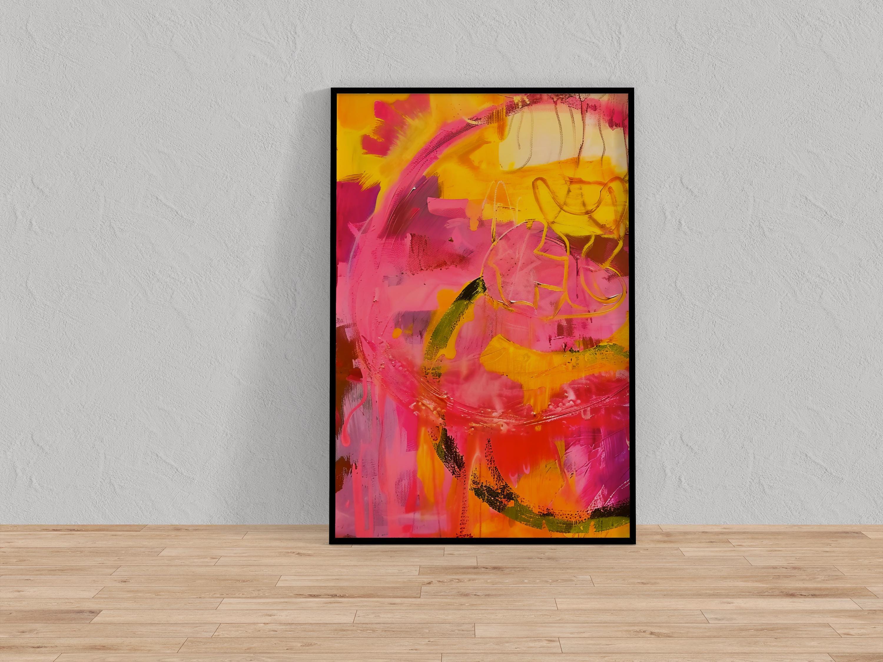 Modern Abstract Painting, Pink and Yellow Bold Brushstrokes (Canvas Print)