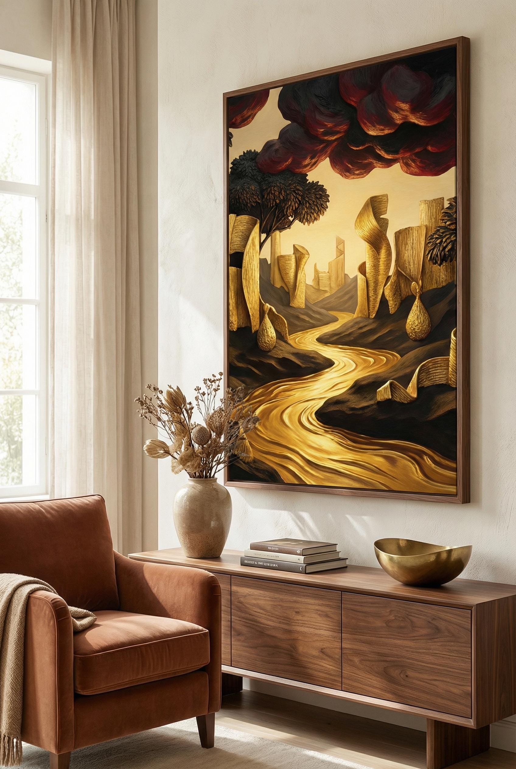 Landscape Wall Art Print: Golden River Scene - Ready to Hang