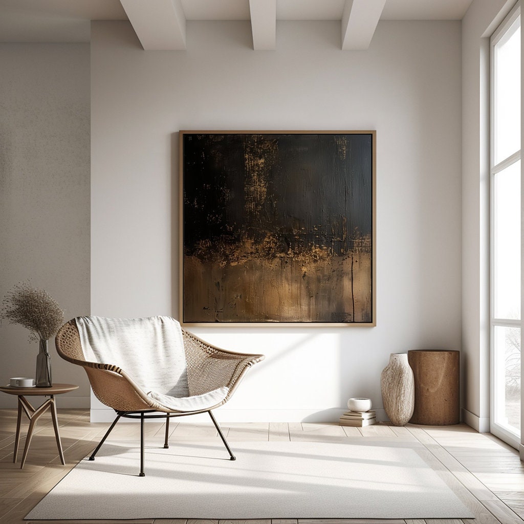 Abstract Wall Art: Black, Gold, Brown Minimalist Canvas (Living Room Decor)