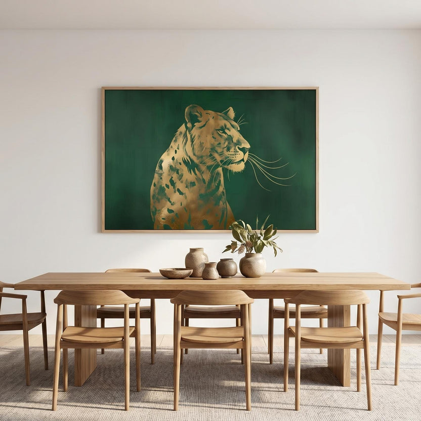Art Deco Lion Print - Gold Foil Wildlife Wall Art | Regal Green Decor