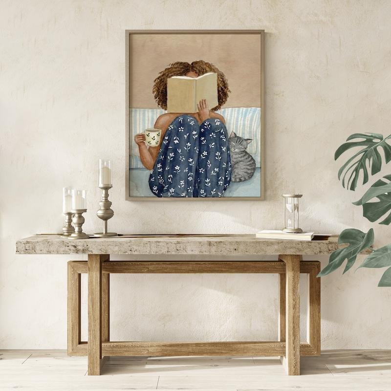 Reading Wall Art: Black Woman with Cat, Cozy Watercolor (Print or Canvas)
