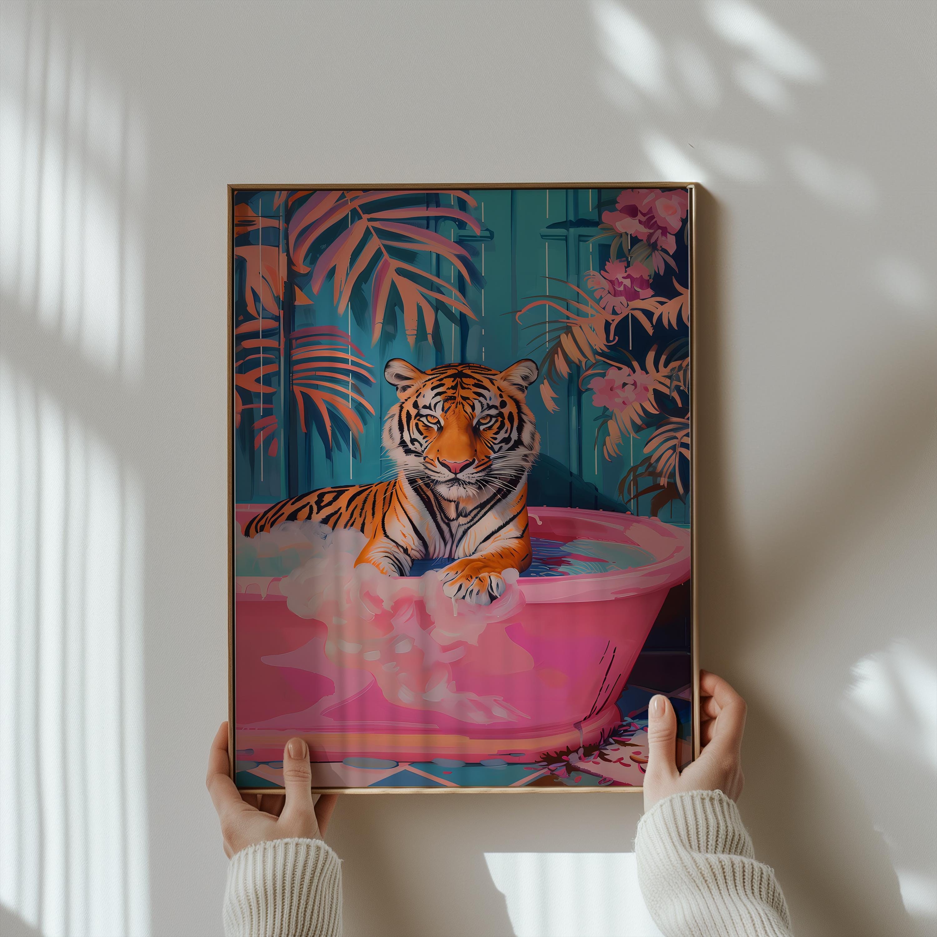 Chic Tiger Wall Art: Pink Bathtub, Maximalist Bathroom Decor
