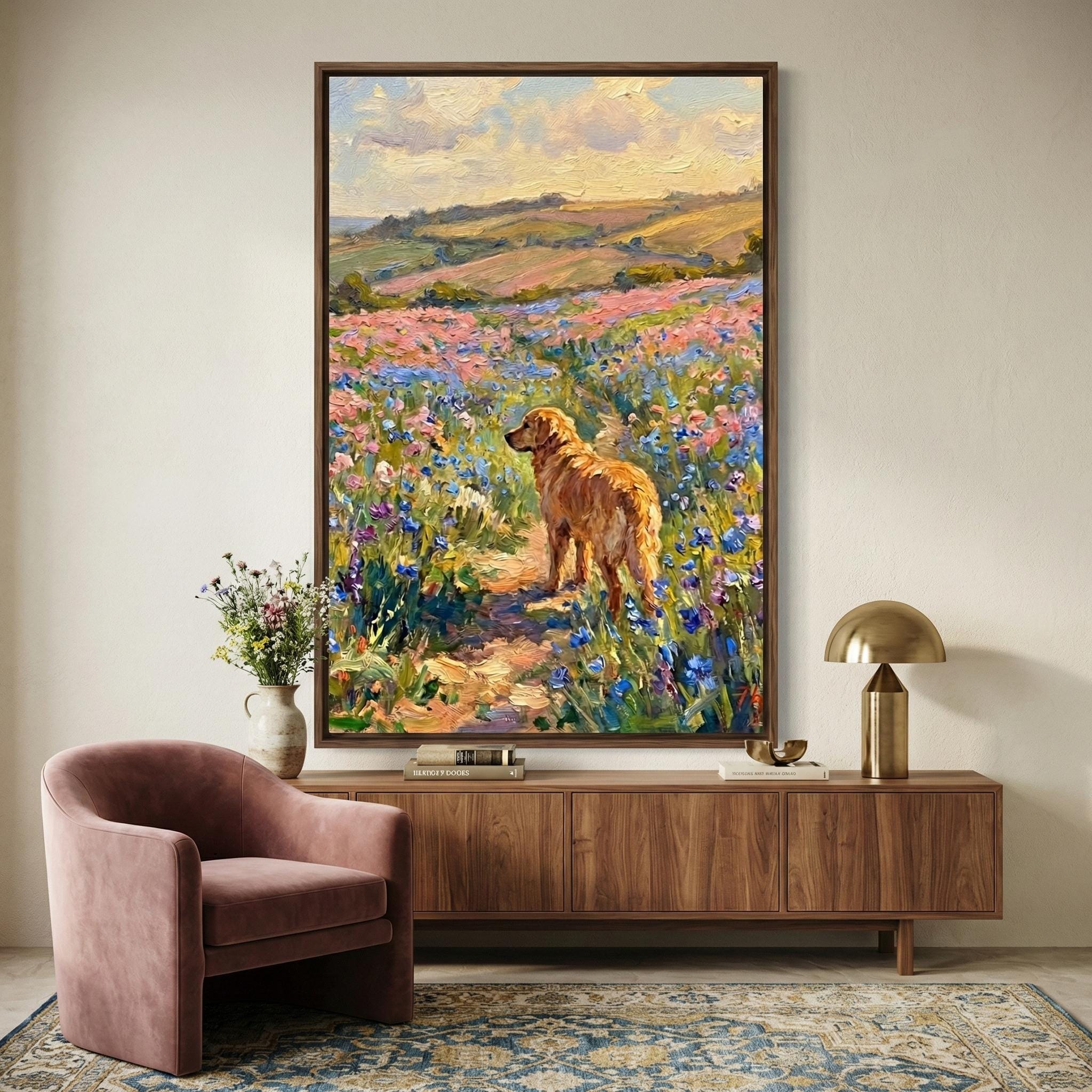 Golden Retriever Dog Art, Wildflower Field, Spring Colors (Canvas or Print)