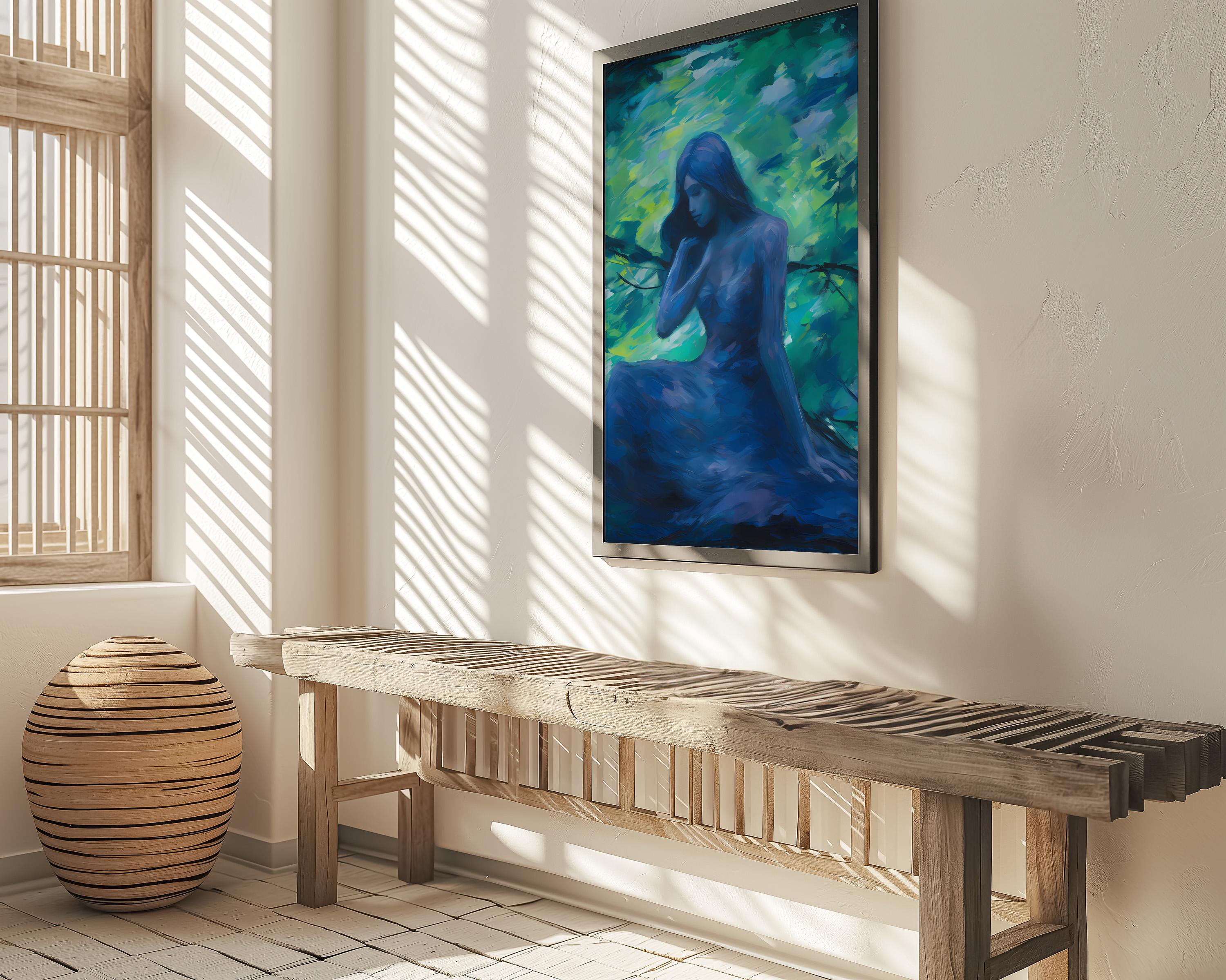 Emerald Forest Whispers: Mystical Impressionist Art Print | Ethereal Blue & Green Framed Wall Decor