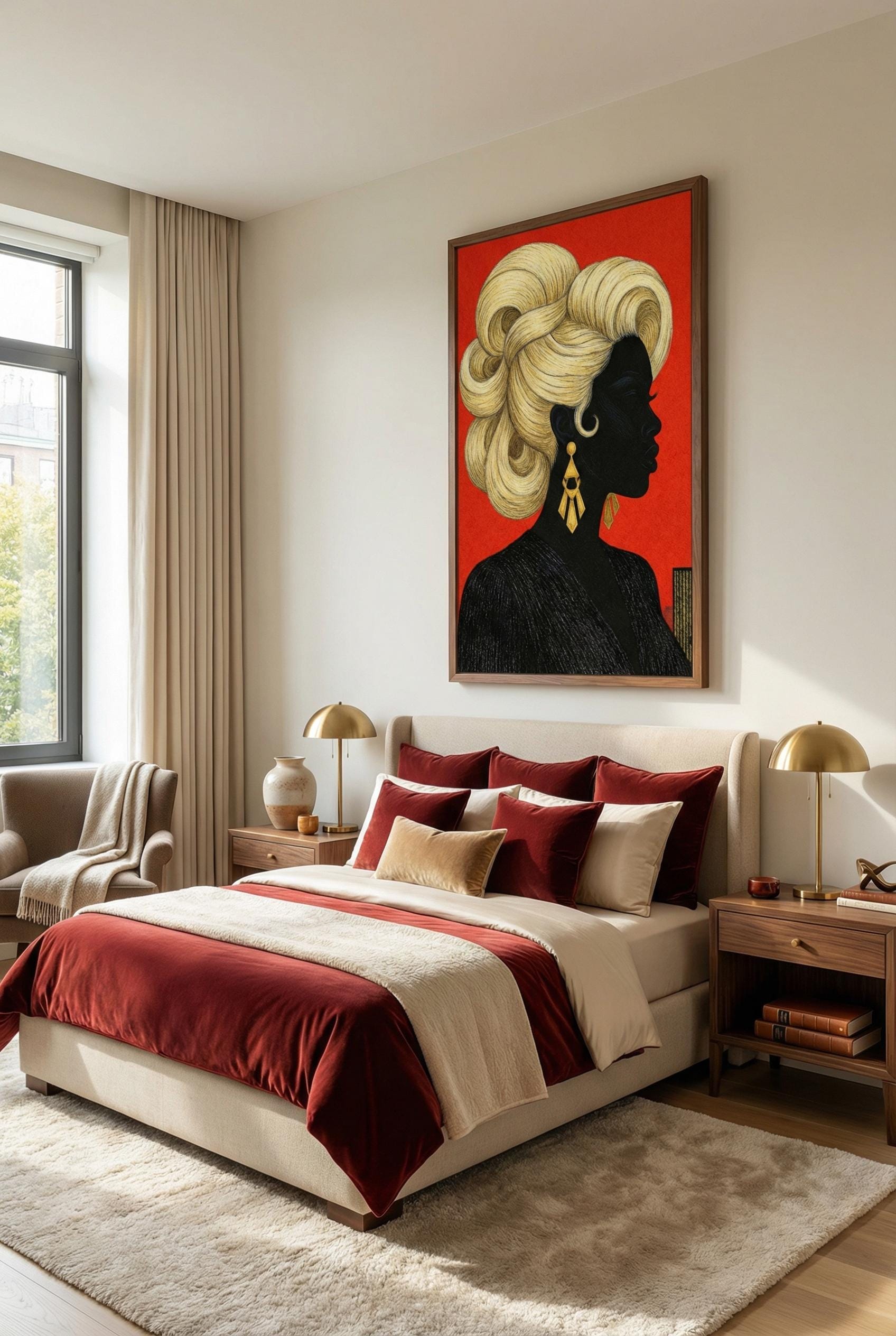 Women and Golden Hair Wall Art Print: Modern Home Decor