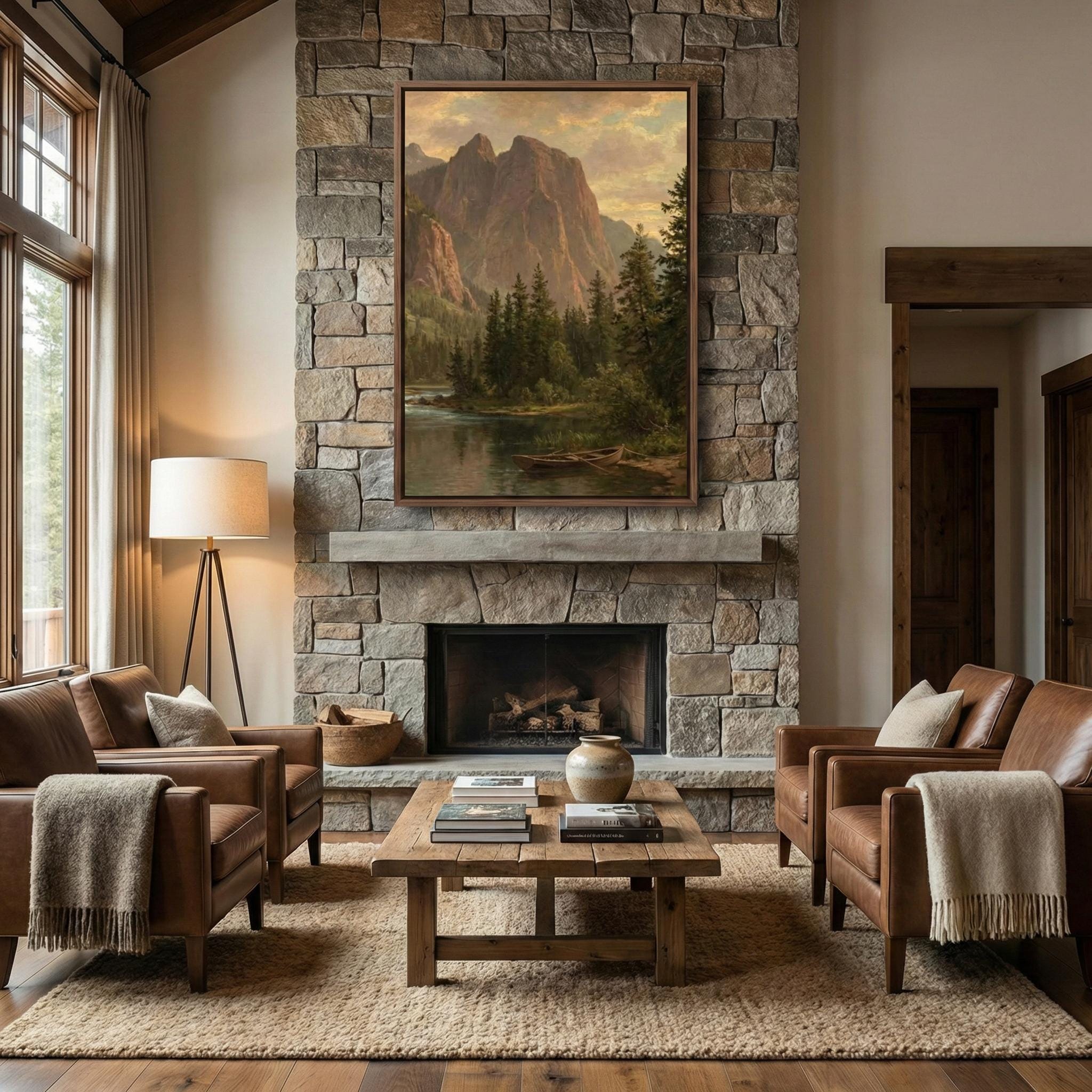 Vintage Mountain Lake Art: Rustic Cabin Landscape in Warm Earth Tones