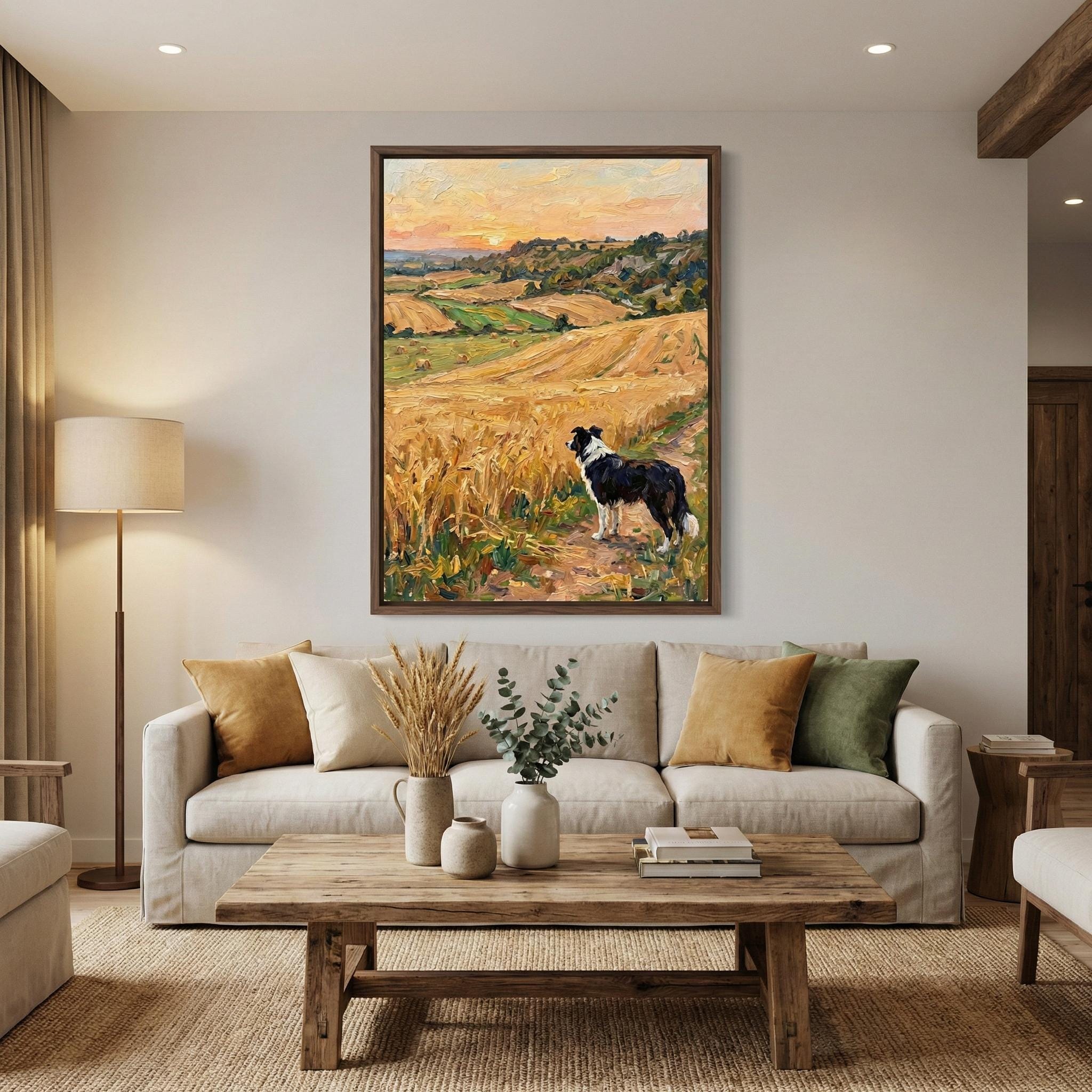 Rustic Border Collie Wall Art - Golden Wheat Field Scene