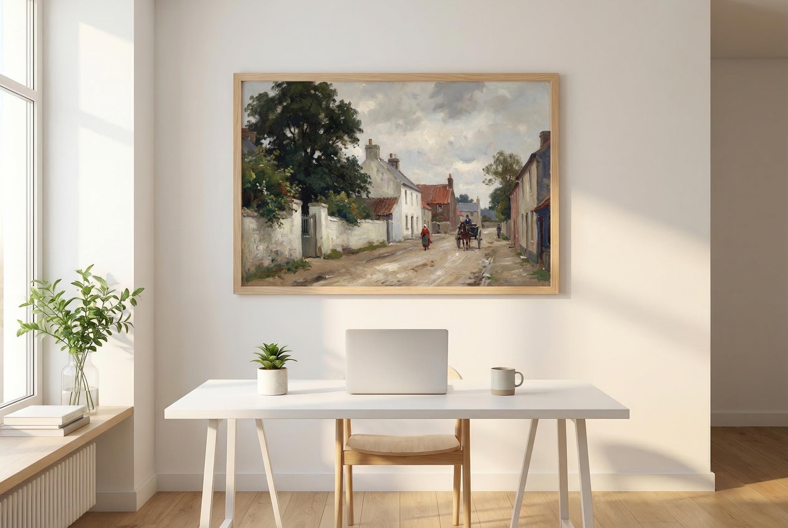Vintage European Village Painting French Country Street Scene Art Rustic Farmhouse Landscape Print