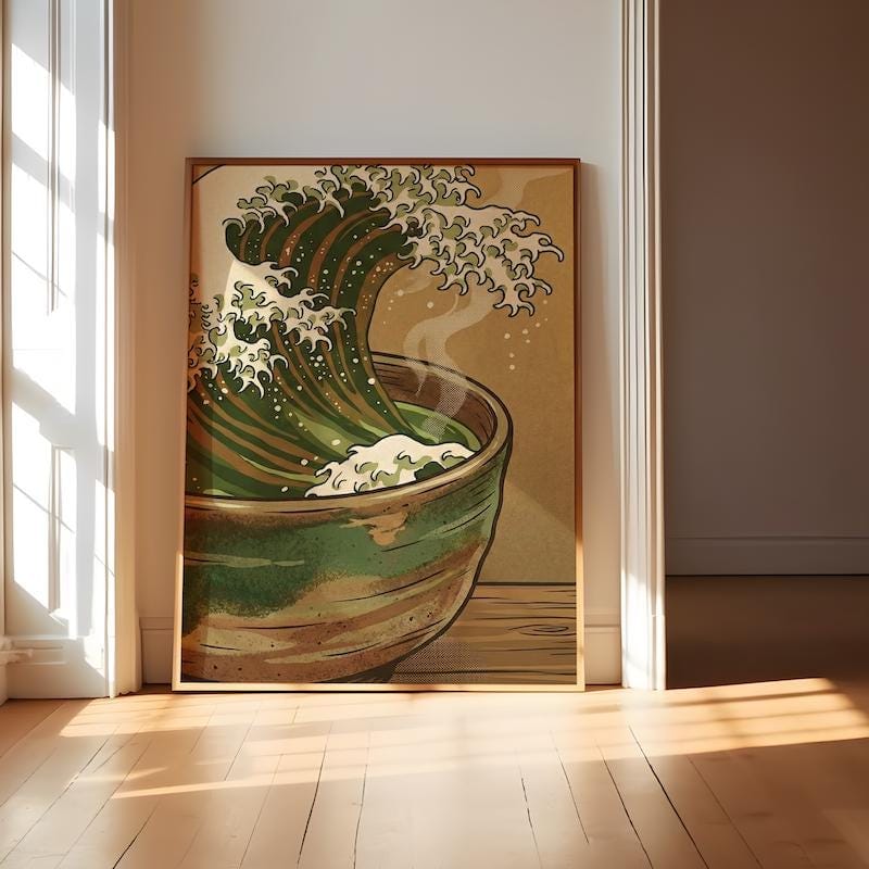 Great Wave Tea Cup Art - Surreal Matcha Print in Sea Foam Green