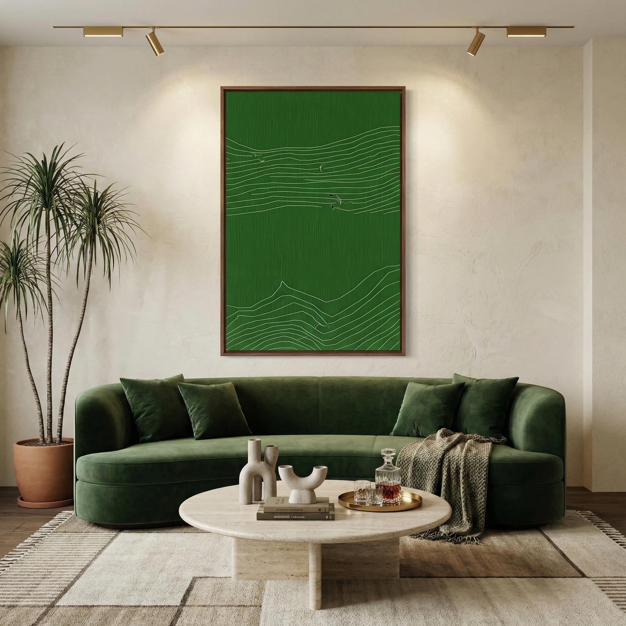 Zen Inspired Canvas Art, Minimalist Green Line Drawing (Ready to Hang)