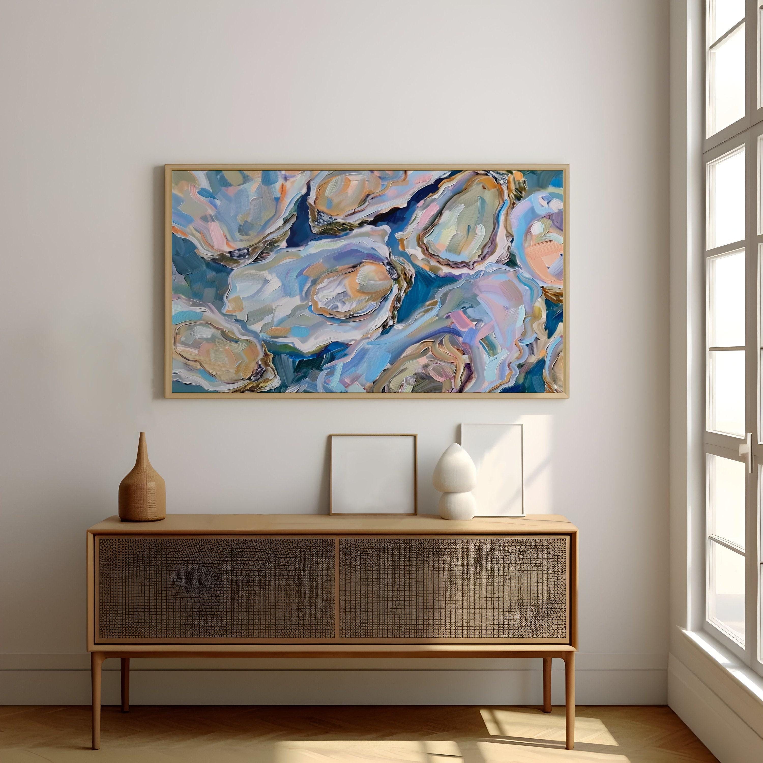 Oyster Delight Coastal Painting, Vibrant Blue (Canvas or Matte Print)