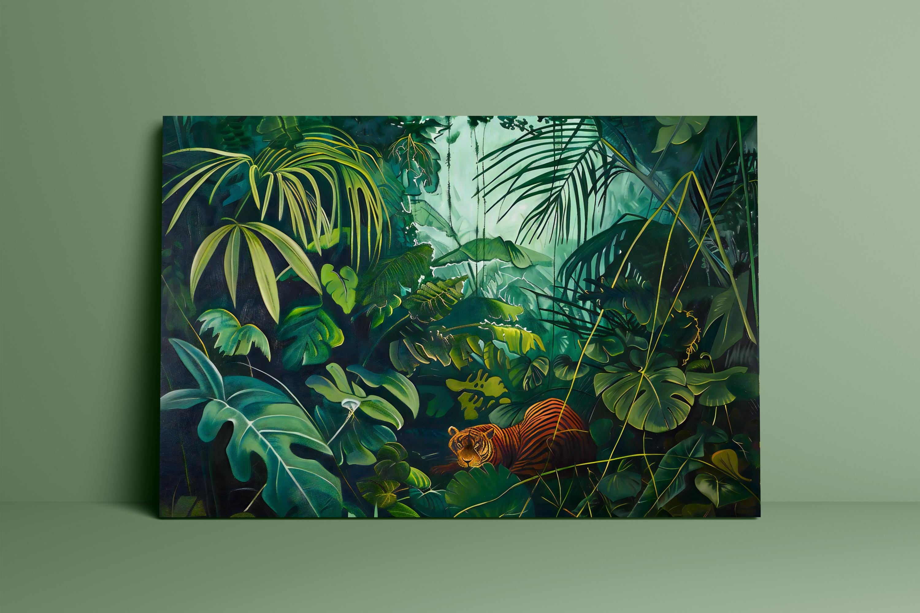 Jungle Serenity: Majestic Tiger Resting in Tropical Art | Green Wildlife Decor