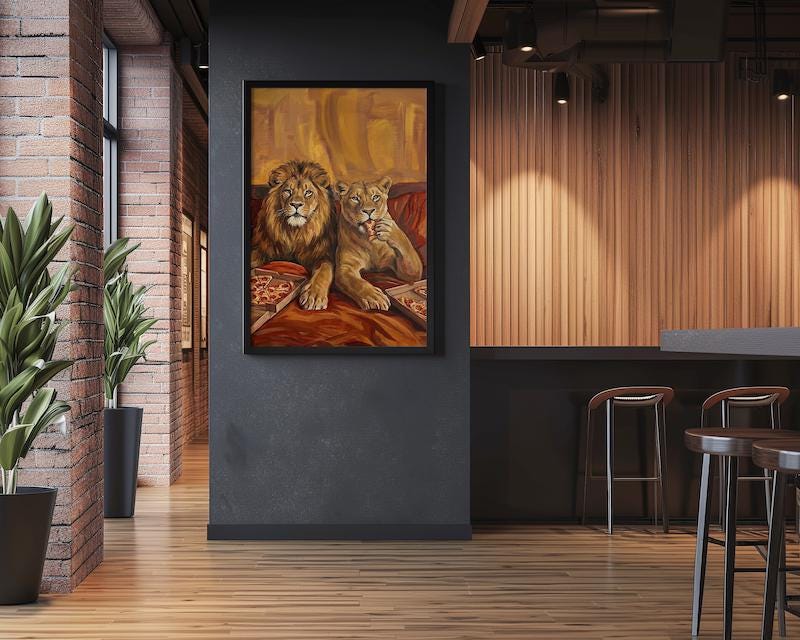 Lion Couple Wall Art: Cozy Surreal Pizza Date - Warm Tones