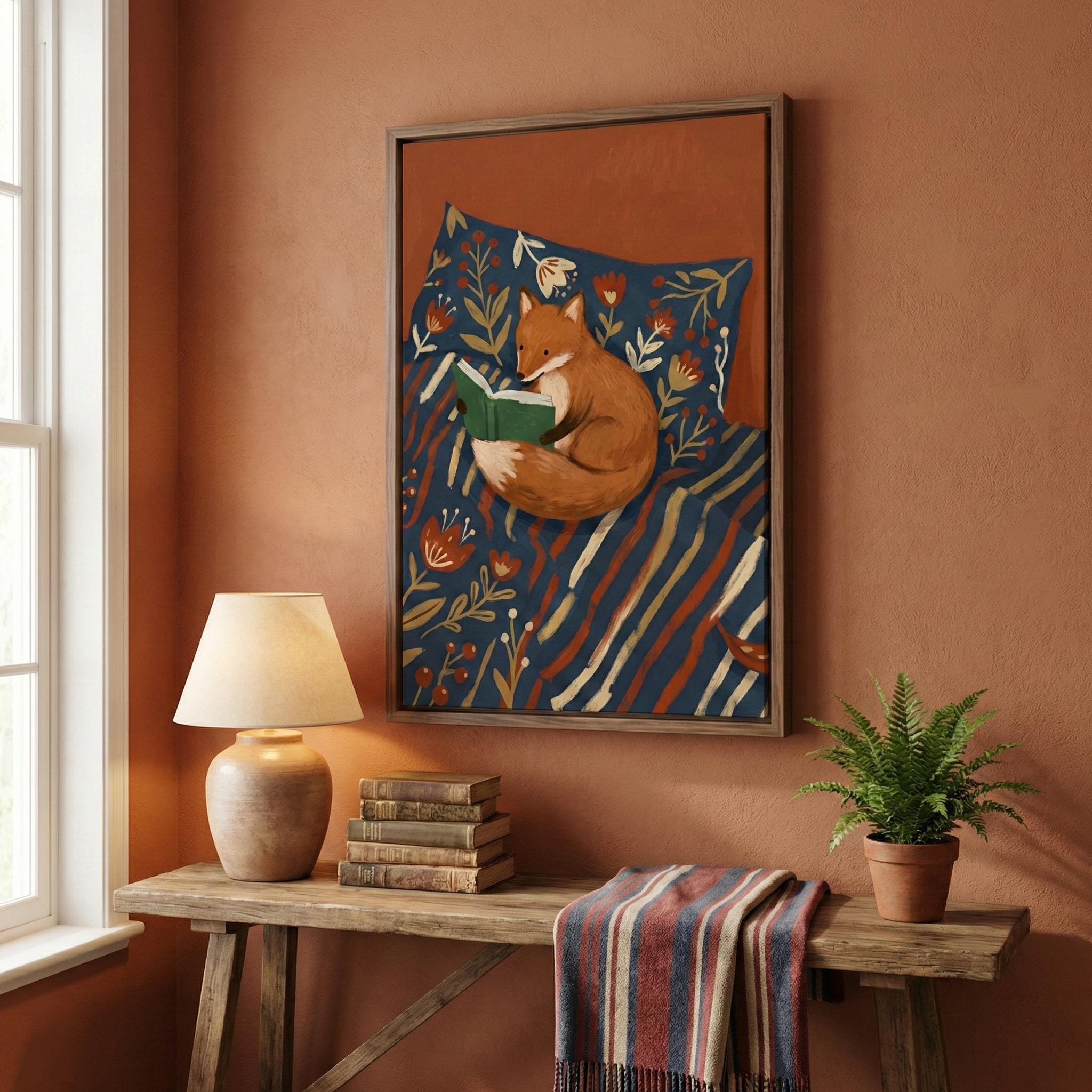 Fox Reading Illustration: Woodland Animal Art (Canvas or Print)