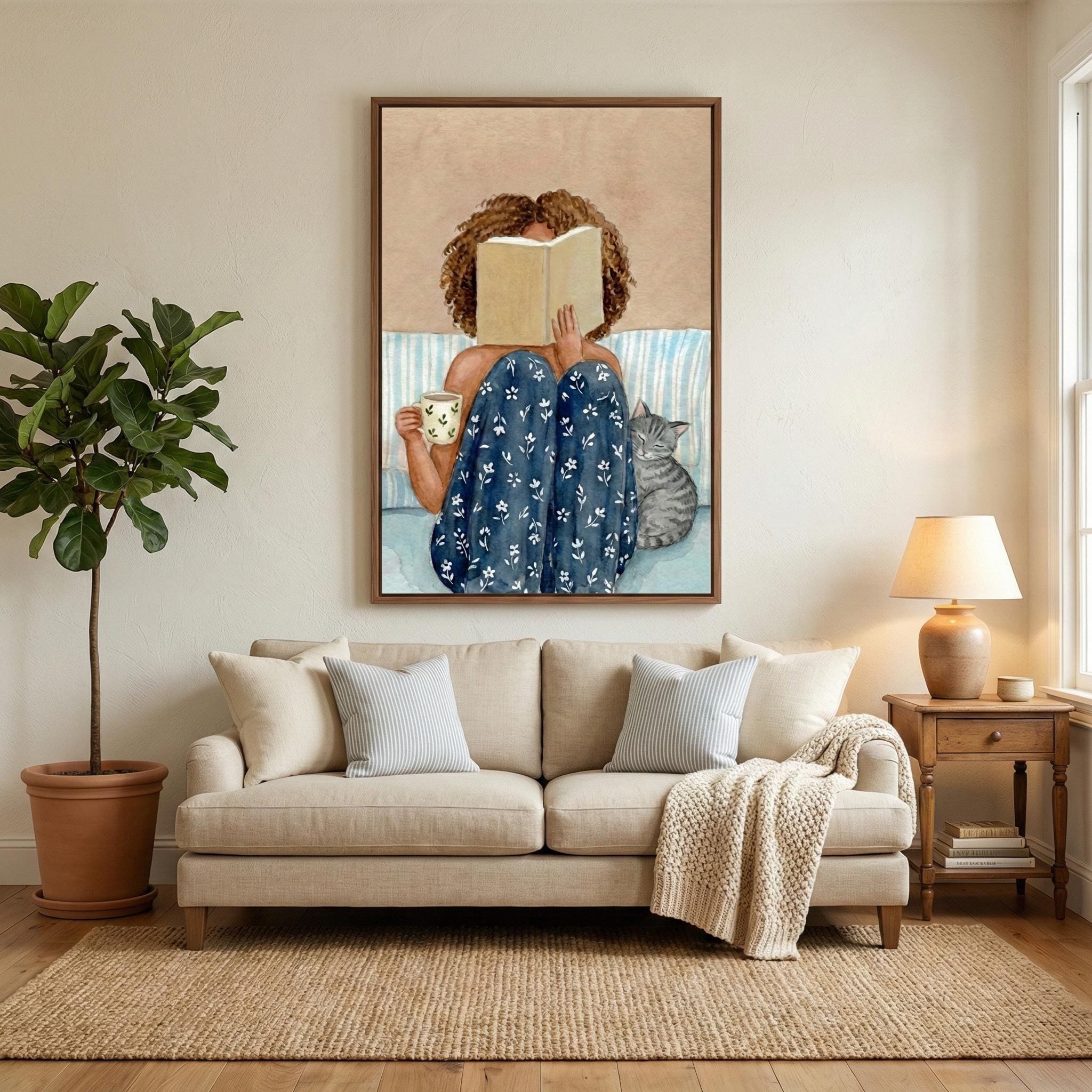 Reading Wall Art: Black Woman with Cat, Cozy Watercolor (Print or Canvas)