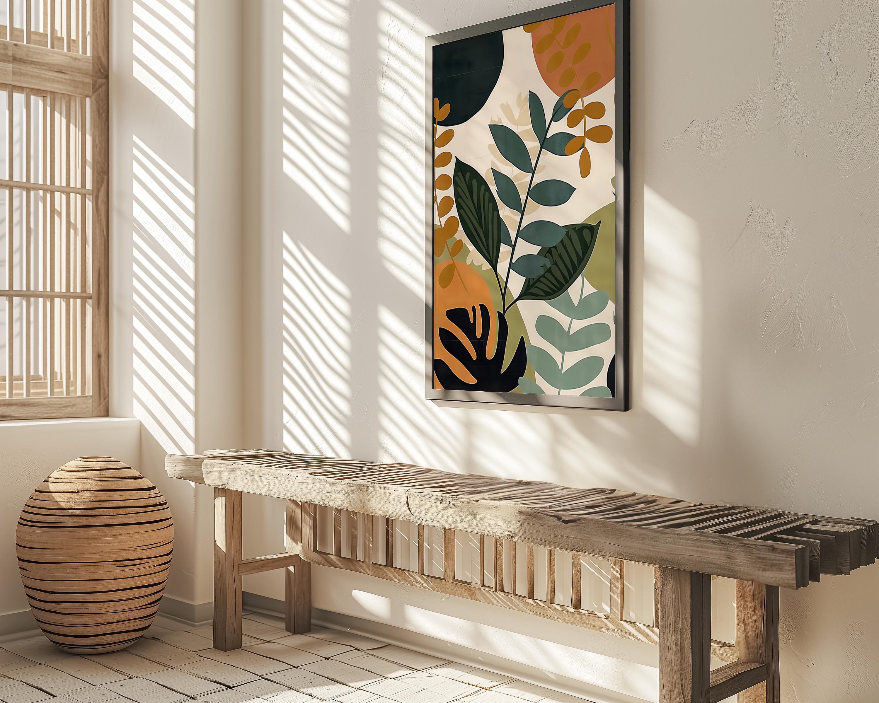 Boho Tropical Leaves Canvas, Mid-Century Modern Style (Ready to Hang)
