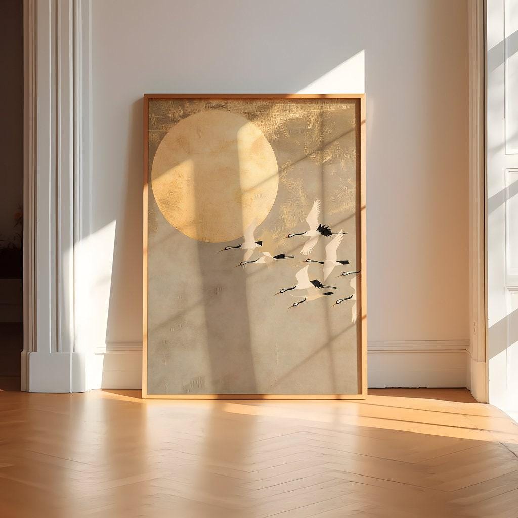 Moonlit Cranes Canvas Art: Serene Japanese-Inspired Wall Decor | Elegant & Tranquil Floral Print