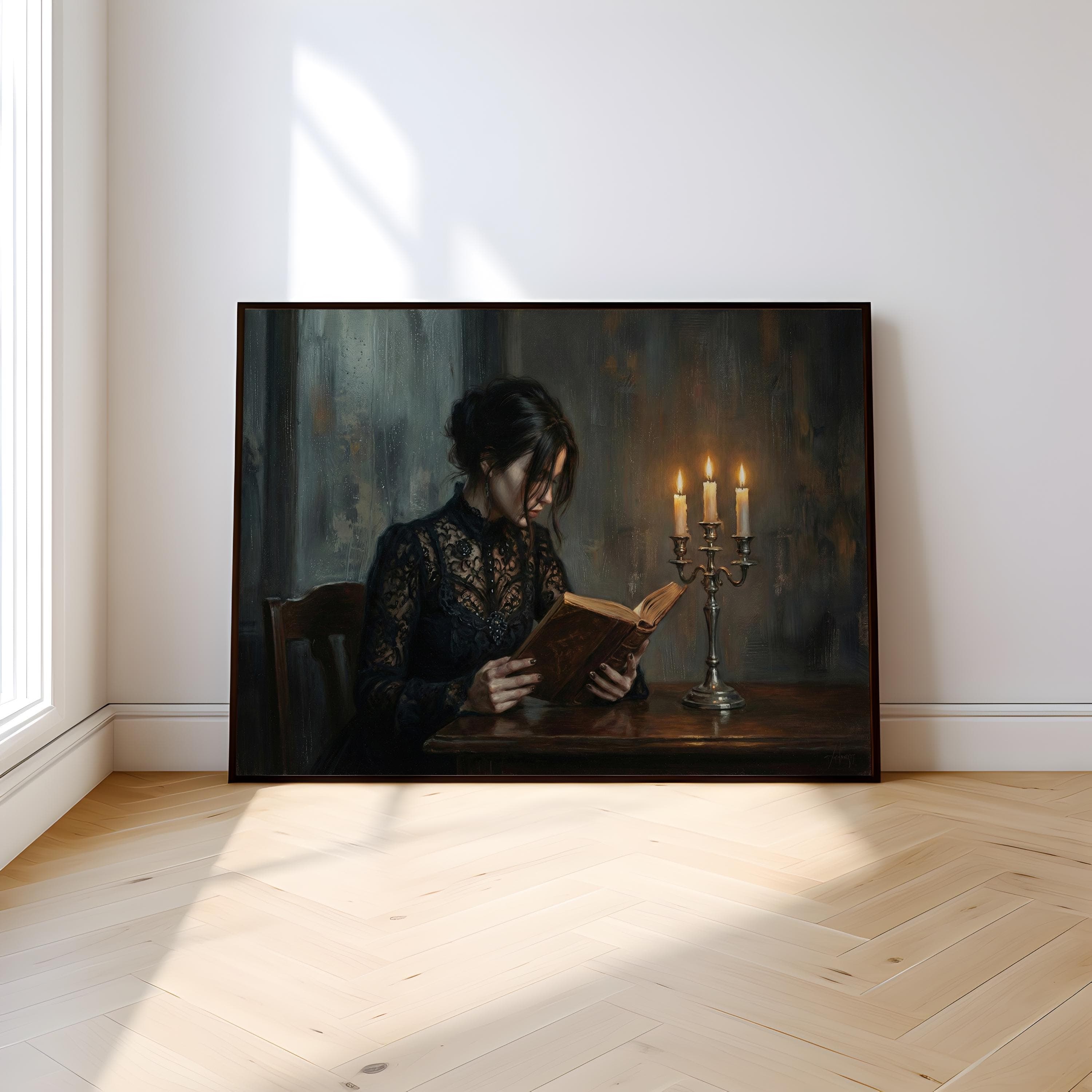 Moody Woman Reading Art - Dark Academia, Candlelit Gothic Scene