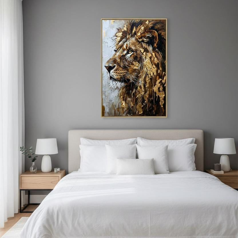a bedroom with a large bed, white bedding, and a framed painting of a lion's head on the wall above it.