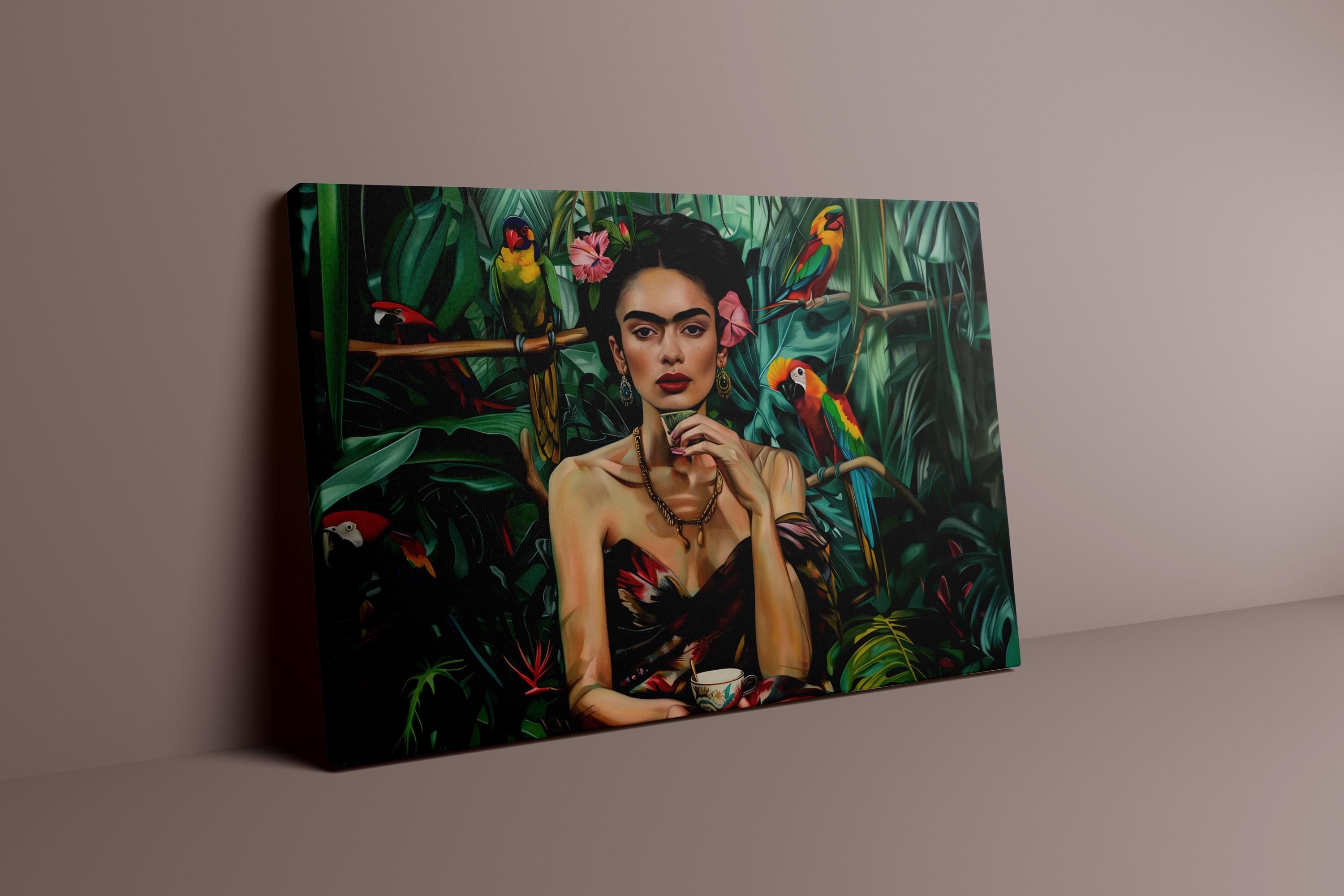 Tropical Goddess: Vibrant Jungle Portrait with Parrots | Exotic Floral Wall Art Decor