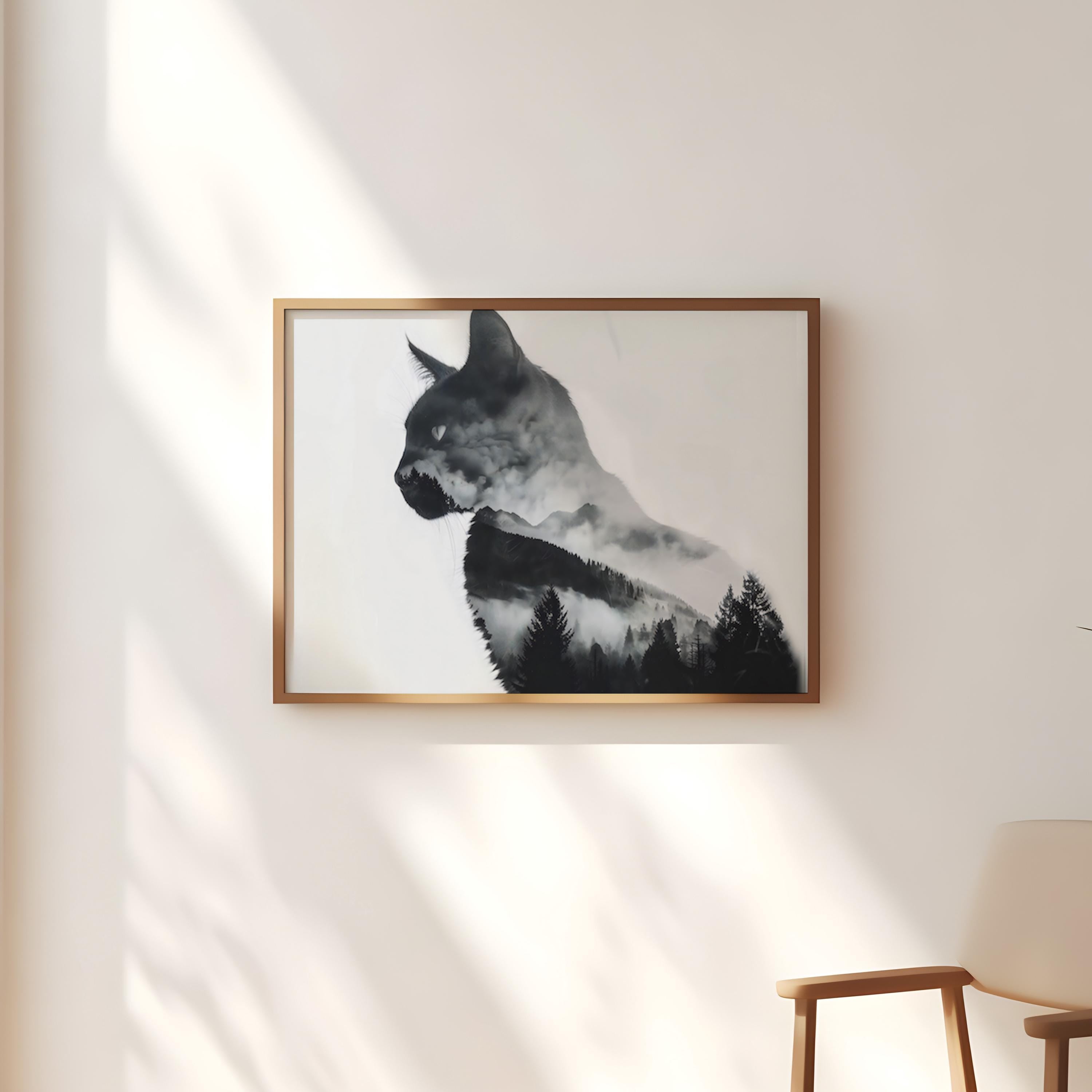 Spirit of the Wild: Surreal Cat & Mountain Double Exposure Art | Ethereal Black & White Decor