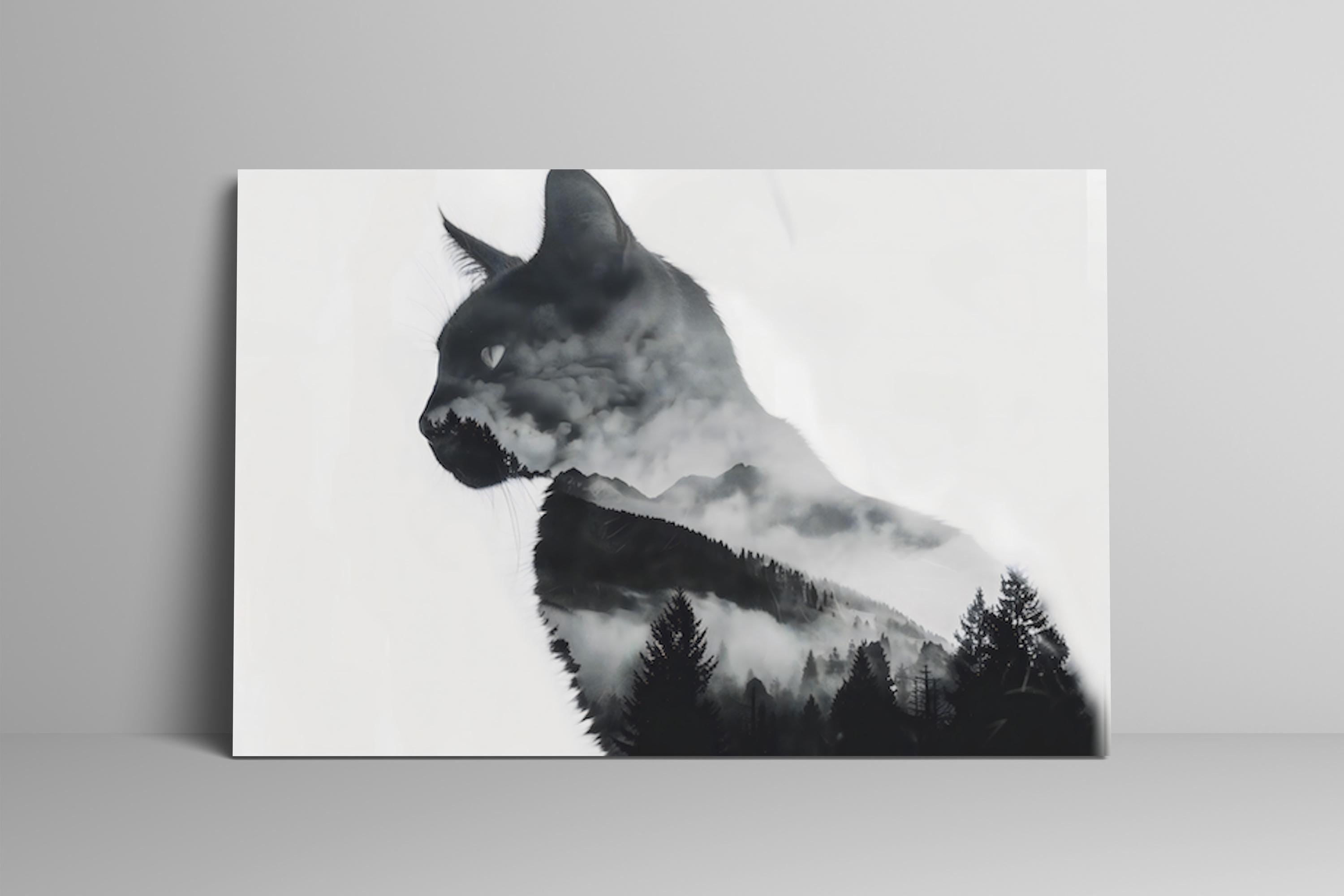 Spirit of the Wild: Surreal Cat & Mountain Double Exposure Art | Ethereal Black & White Decor