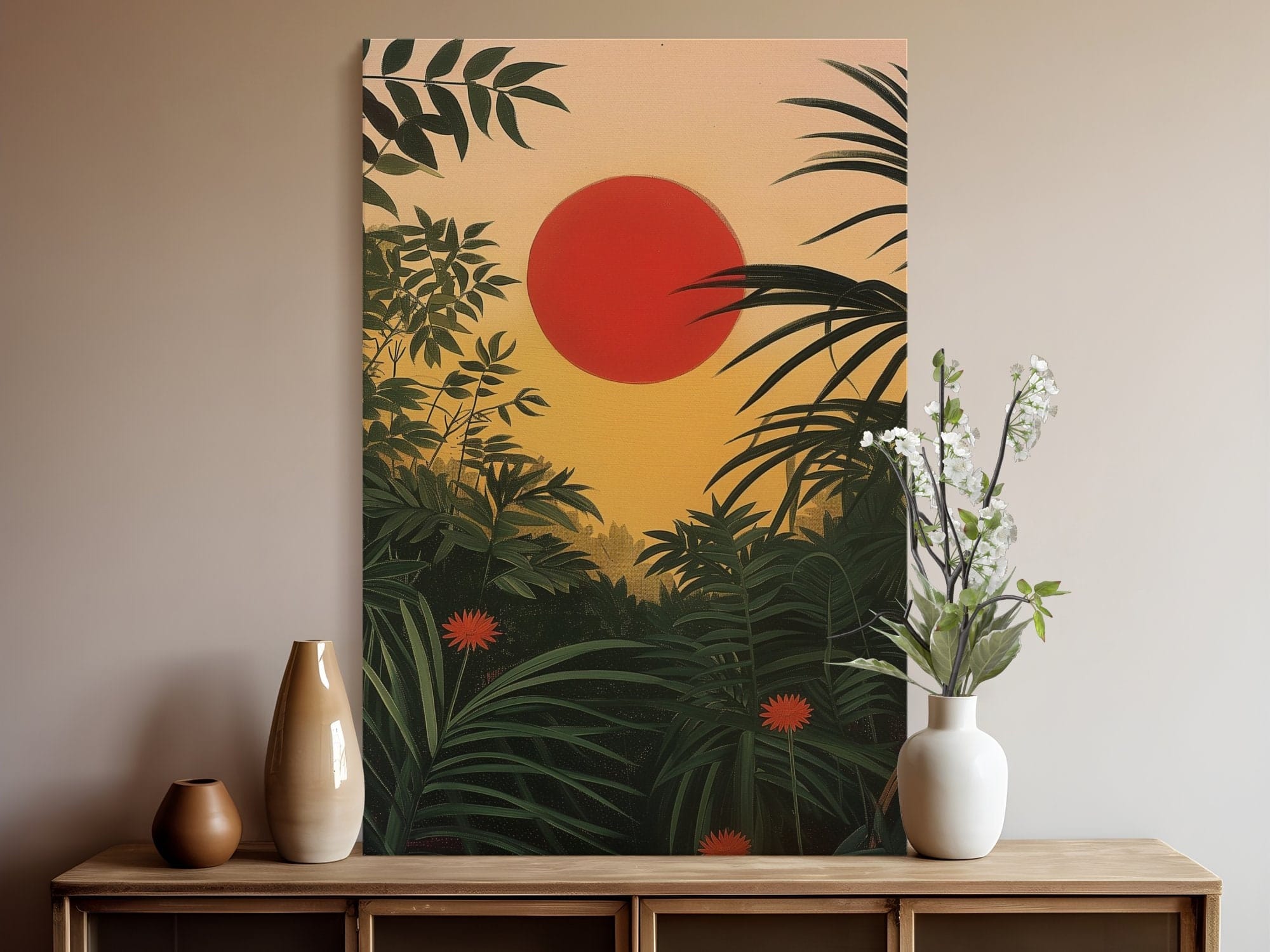 Tropical Forest Wall Art: Henri Rousseau Inspired Red Sun Sunrise
