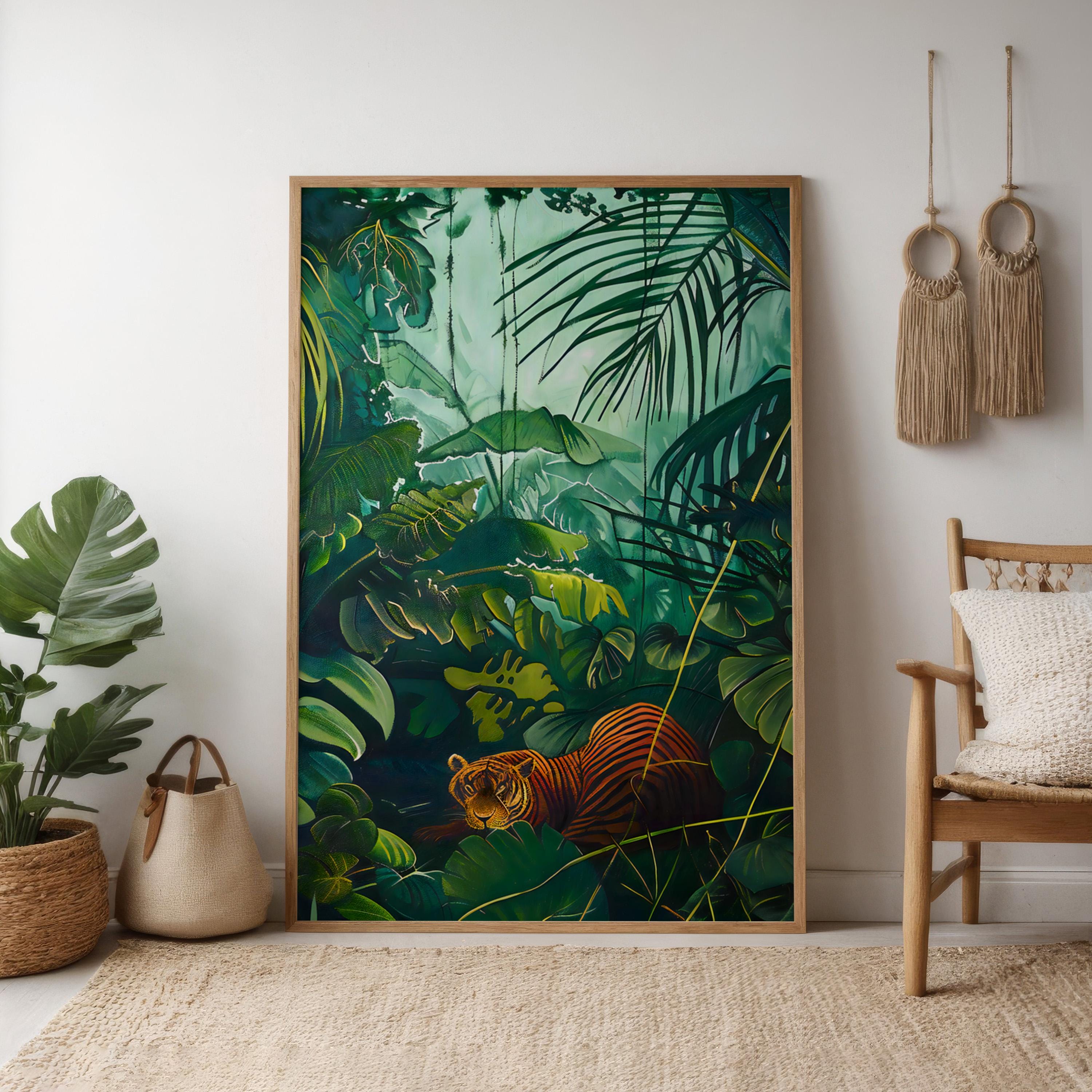 Jungle Serenity: Majestic Tiger Resting in Tropical Art | Green Wildlife Decor