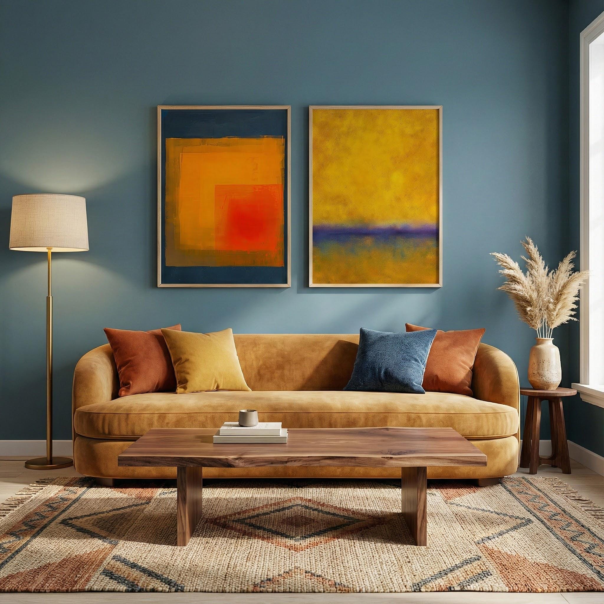 Minimalist Abstract Art Set - Warm Style in Yellow and Indigo