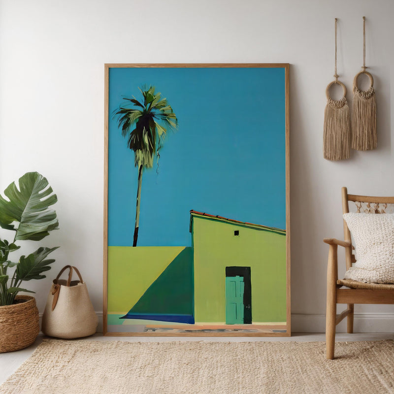 Minimalist Palm Art Print – Modern Wall Decor | Blue Sky & Green Building Poster