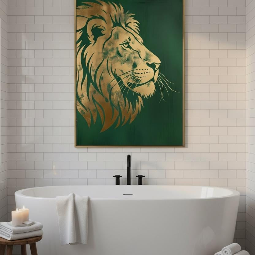 Art Deco Wall Art - Gold Foil Lion Profile Print with Regal Green Metallic Texture