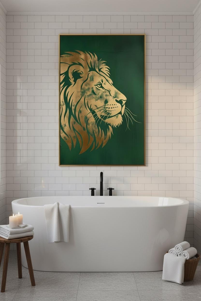 Art Deco Wall Art - Gold Foil Lion Profile Print with Regal Green Metallic Texture